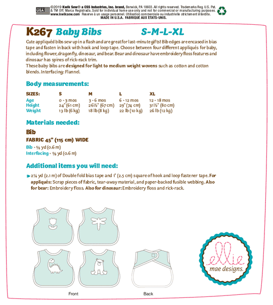 Kwik Sew Schnittmuster K0267 Baby Schlabberlätzchen