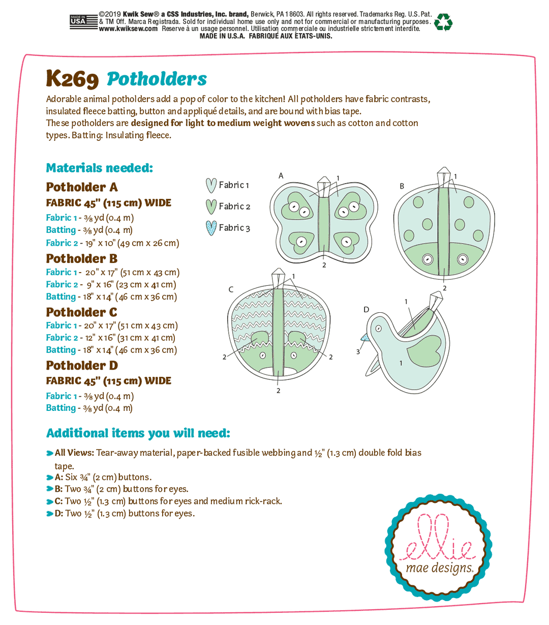 Kwik Sew Schnittmuster K0269 Topflappen