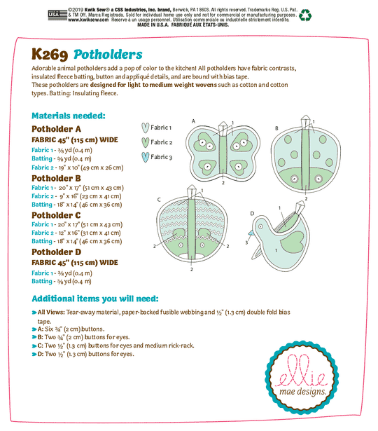 Kwik Sew Schnittmuster K0269 Topflappen