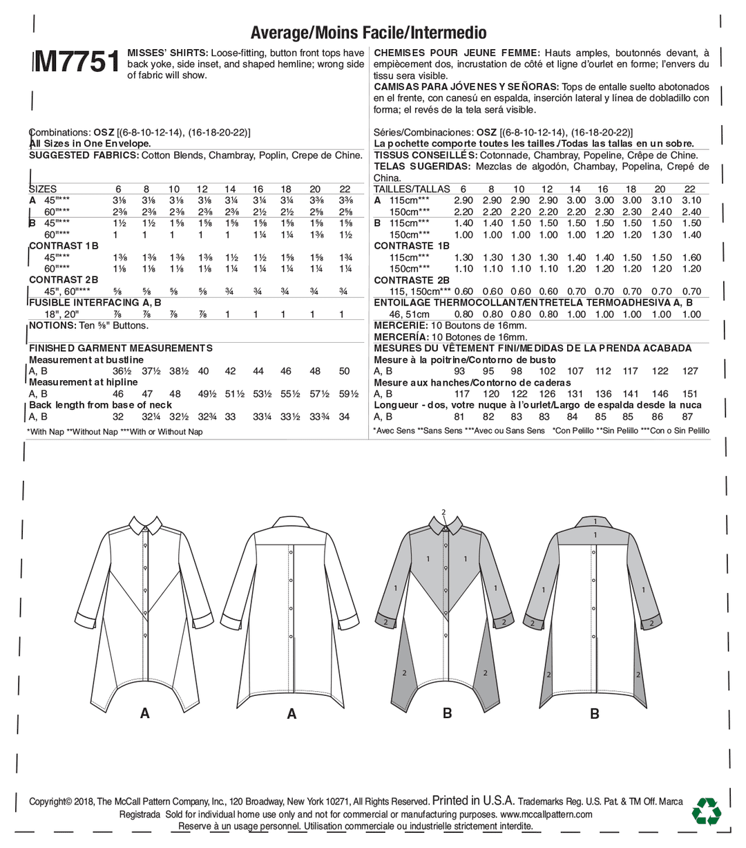 McCalls Schnittmuster M7751 Misses Top