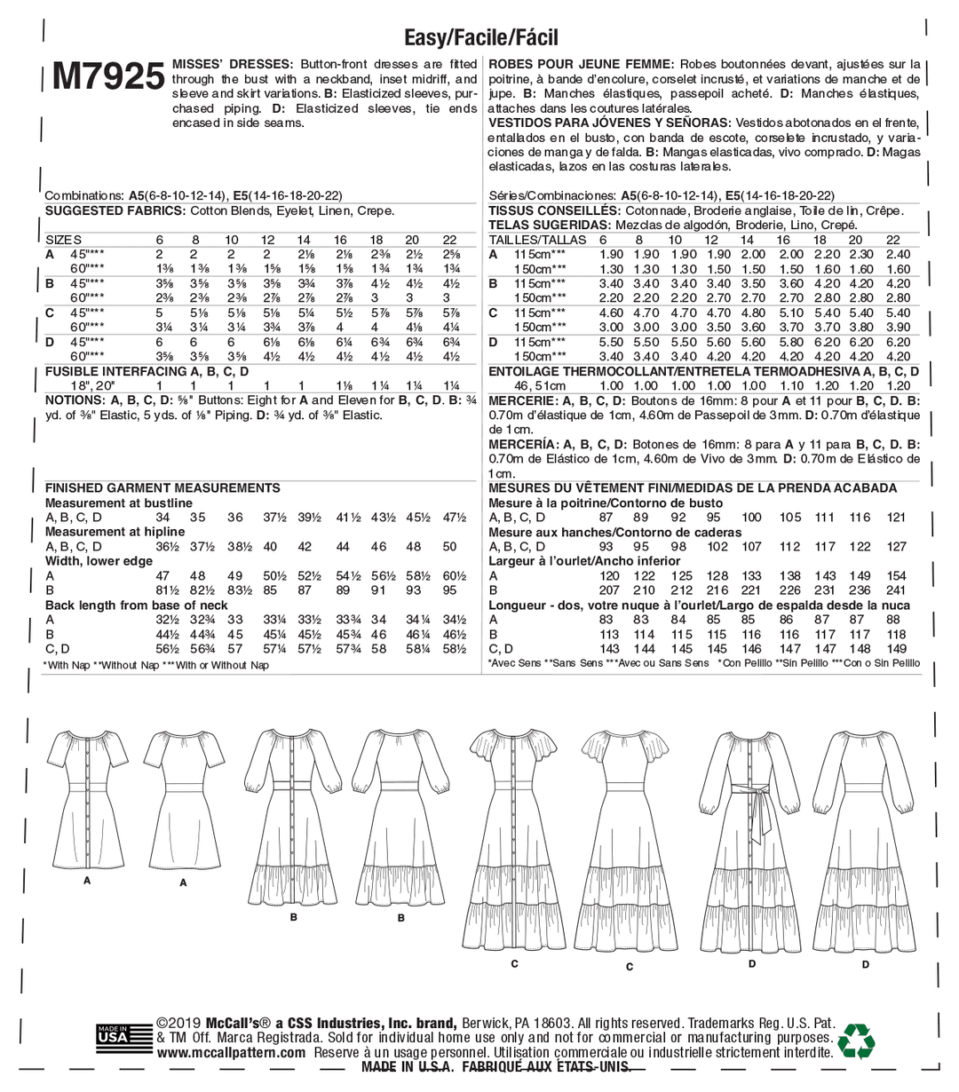 McCalls Schnittmuster M7925 Damen Kleid