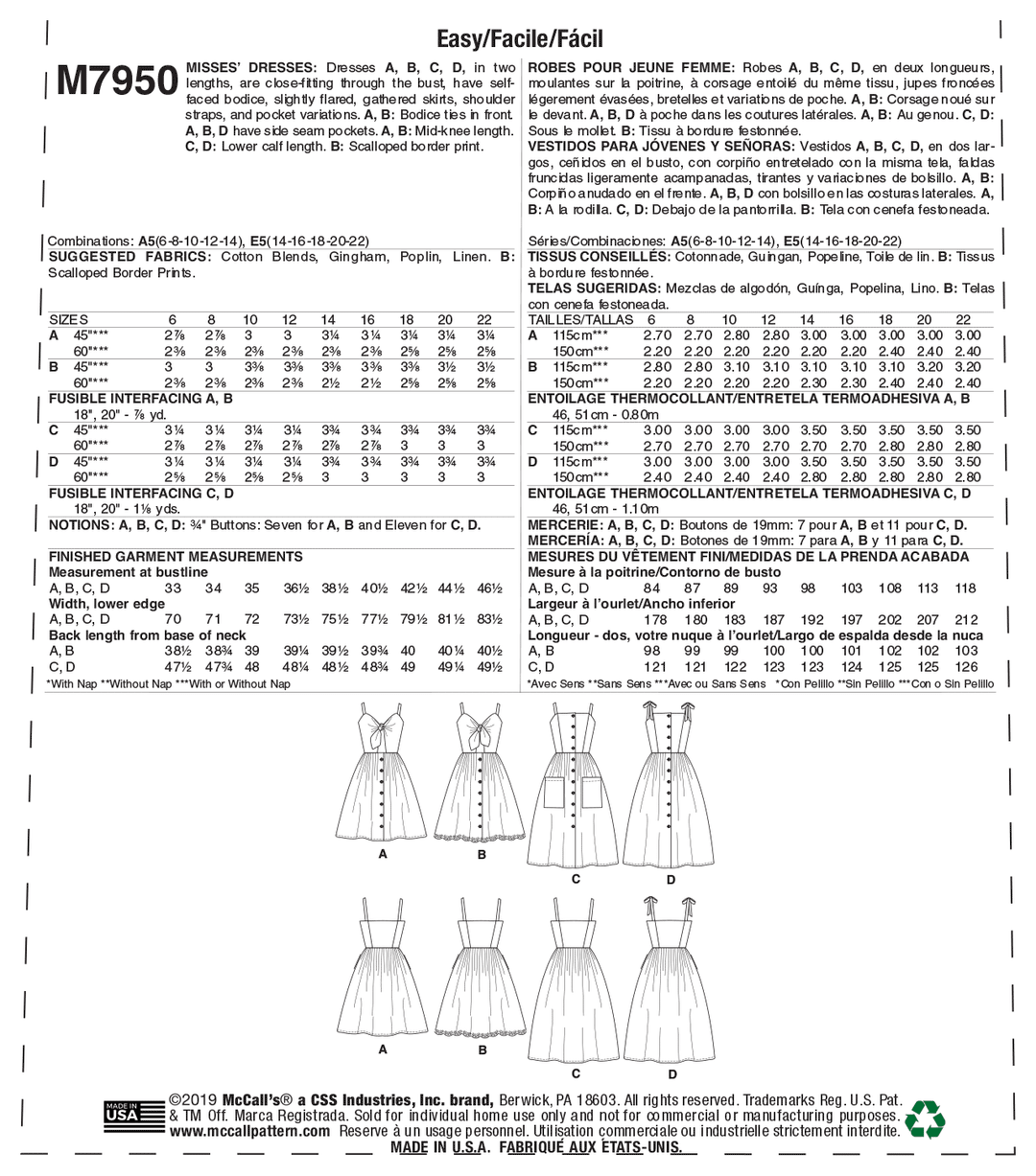 McCalls Schnittmuster M7950 Damen Kleid