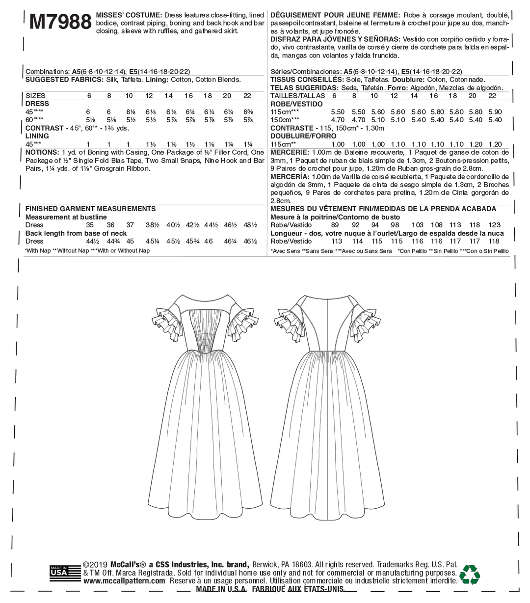 McCall’s Schnittmuster M7988 – viktorianisches Damenkleid mit Rüschenärmeln & weiter Silhouette