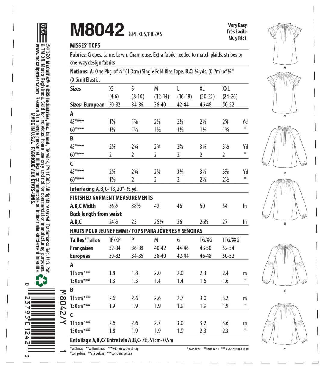 McCalls sewing pattern M8042 ladies' top