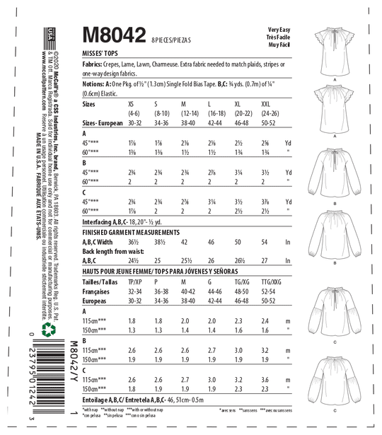 McCalls sewing pattern M8042 ladies' top