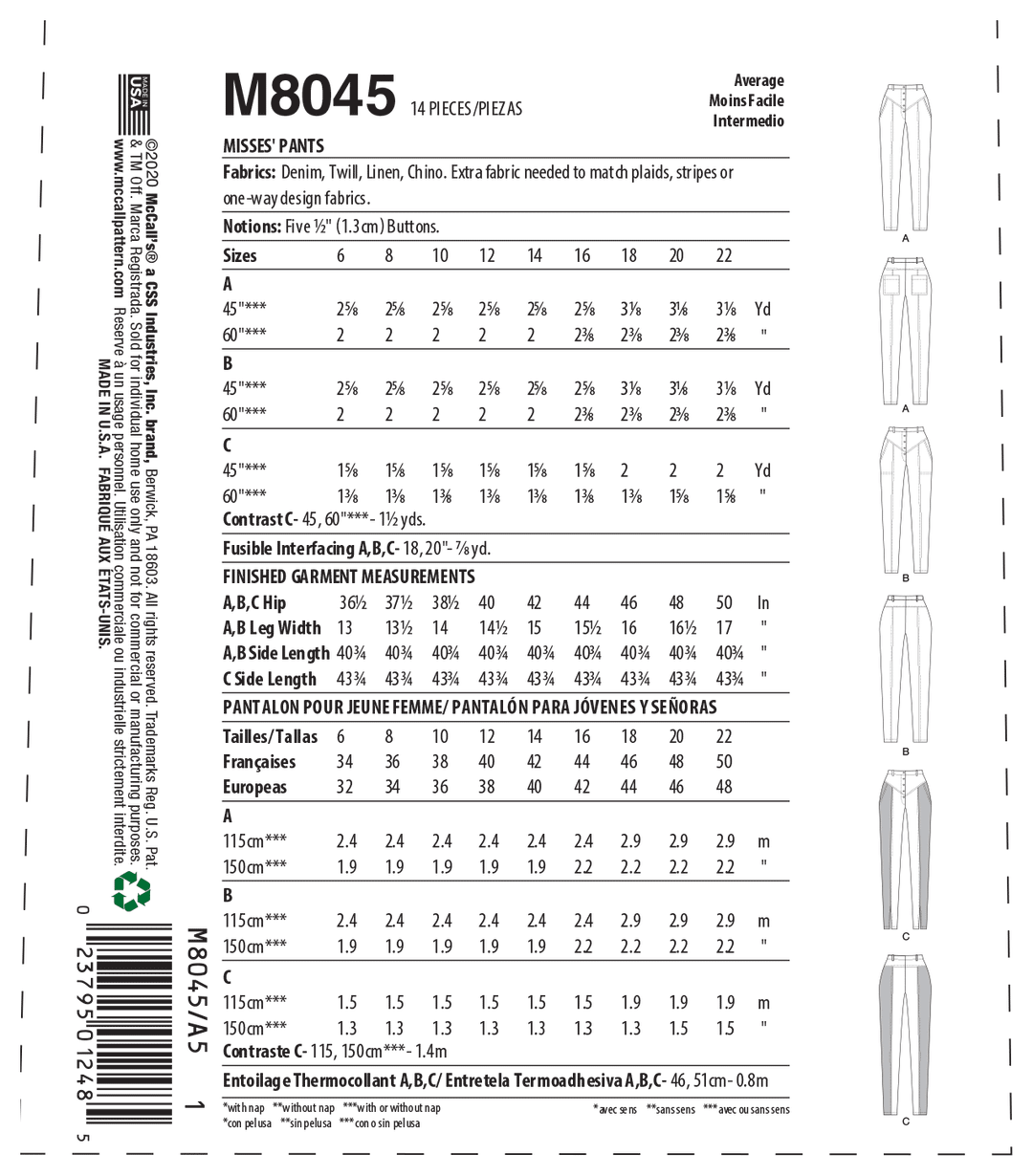 McCalls sewing pattern M8045 women's trousers