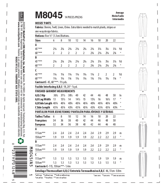 McCalls sewing pattern M8045 women's trousers
