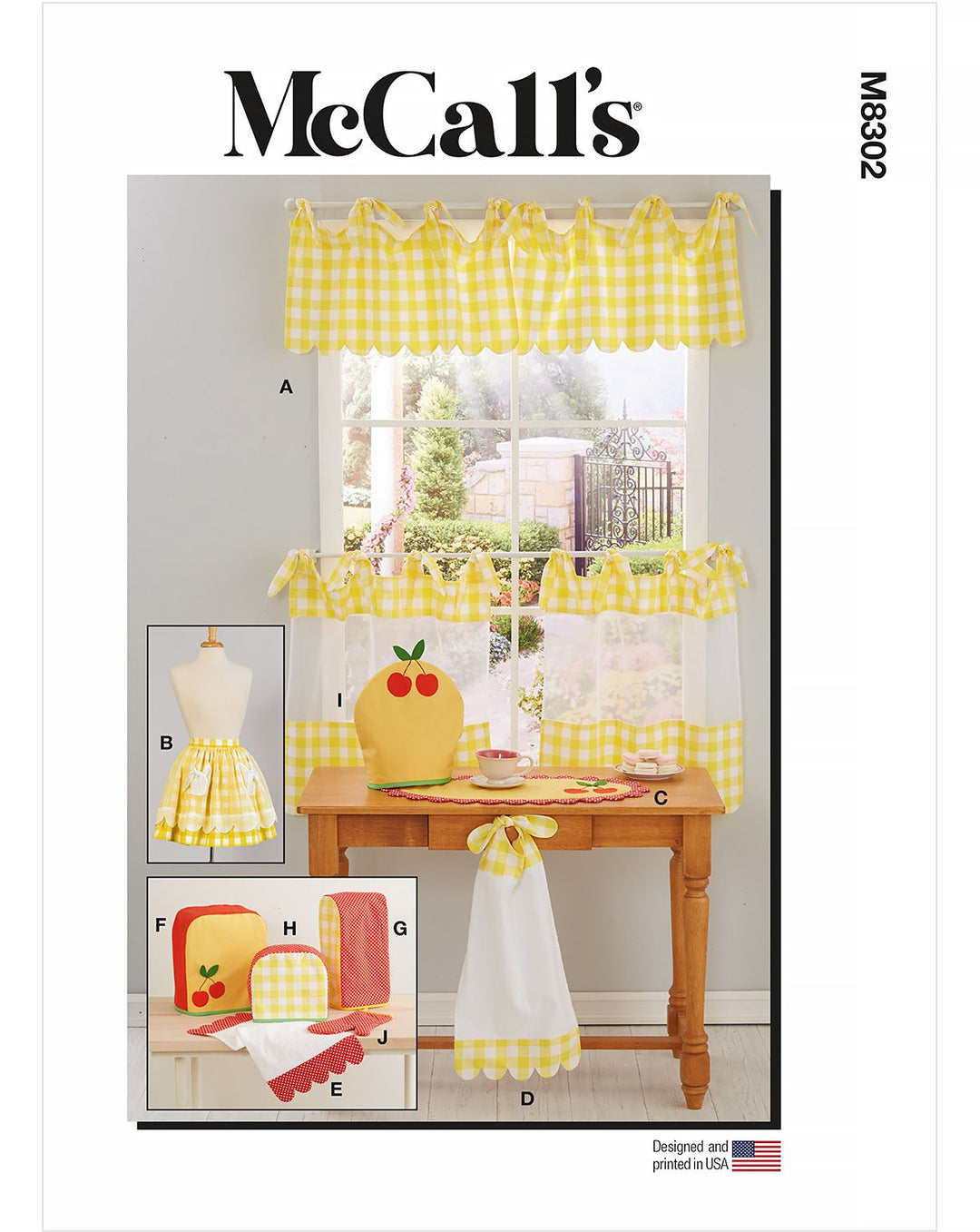 McCall's sewing pattern M8302: Cafe curtains, apron and kitchen accessories