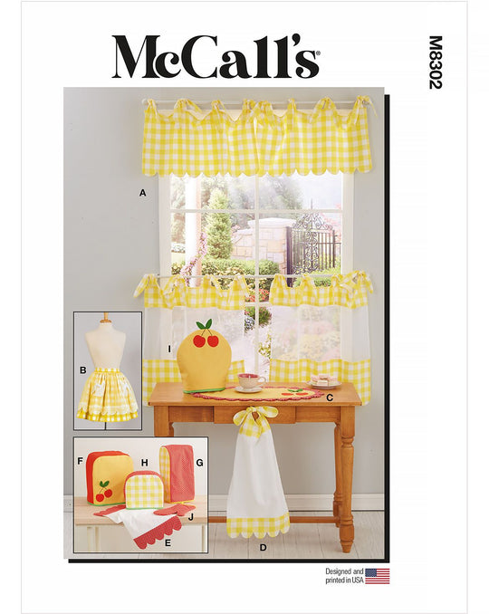McCall's sewing pattern M8302: Cafe curtains, apron and kitchen accessories