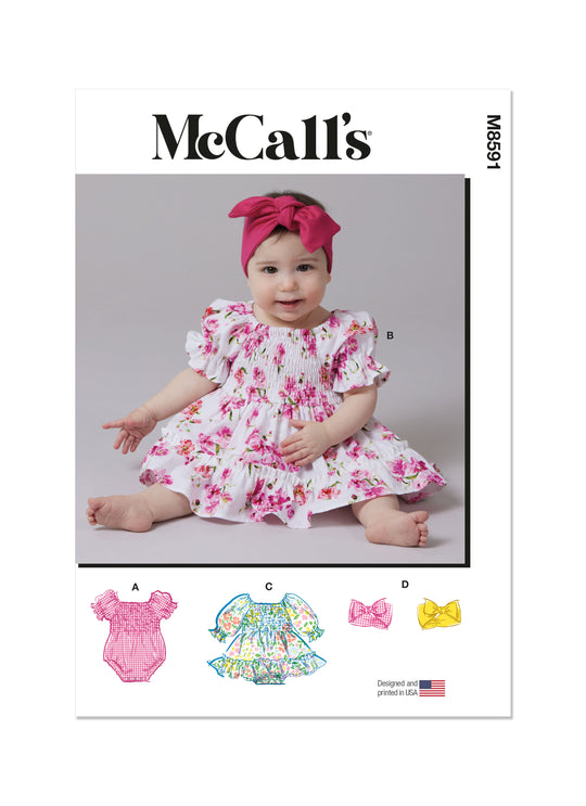 McCalls Schnittmuster M8591 Strampler für Babys, Kleider und Stirnbänder