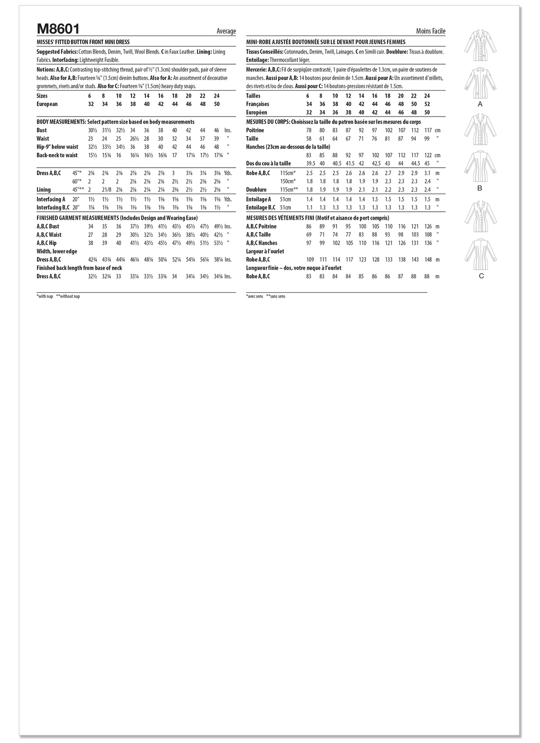 McCalls Schnittmuster M8601 Tailliertes Minikleid mit Knopfleiste für Damen
