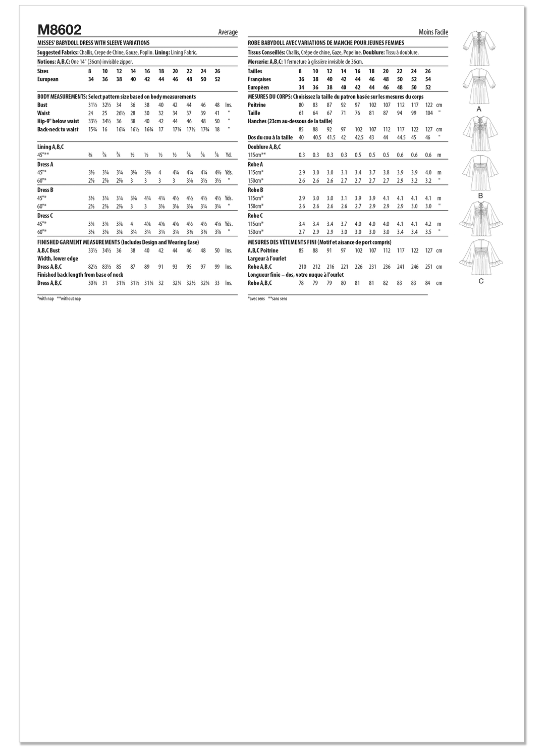 McCalls Schnittmuster M8602 Babydoll-Kleid mit verschiedenen Ärmelvarianten für Damen