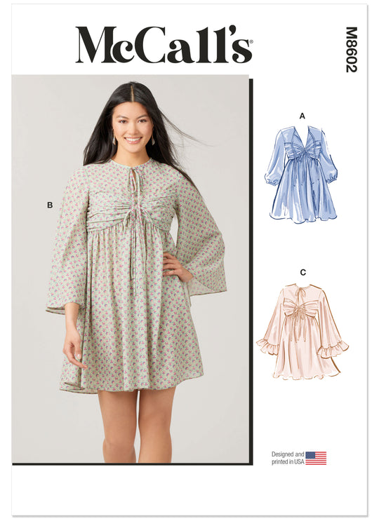 McCalls Schnittmuster M8602 Babydoll-Kleid mit verschiedenen Ärmelvarianten für Damen