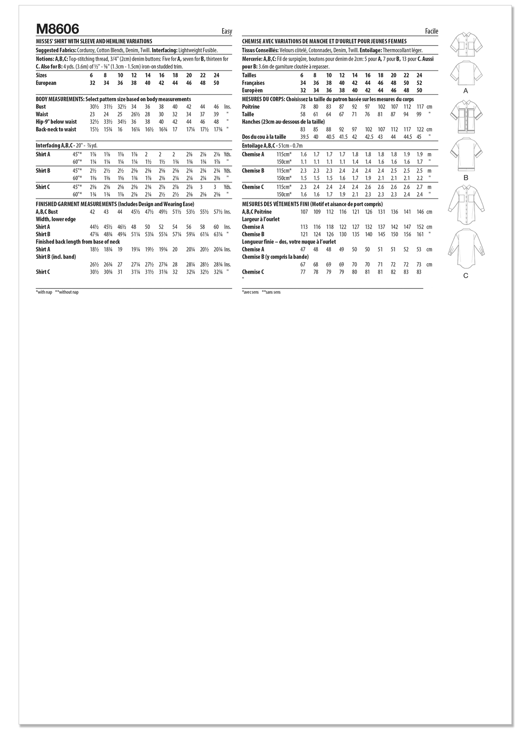 McCalls Schnittmuster M8606 Damenhemd mit verschiedenen Ärmel- und Saumlängen
