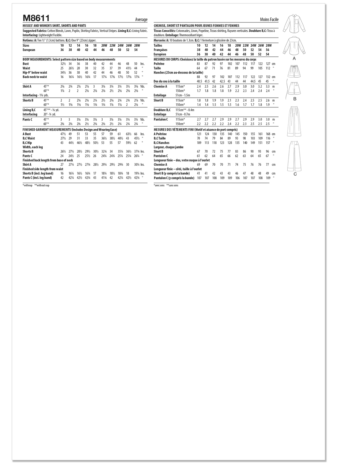 McCall’s Schnittmuster M8611 – Damen-Hemd, Shorts & Hose – klassisch, modern & vielseitig