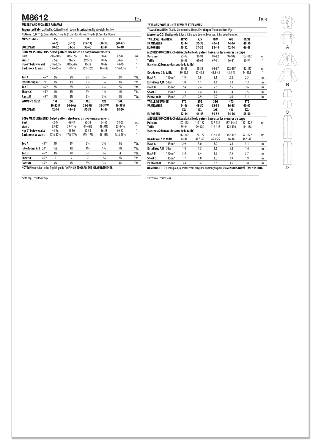 McCall’s Schnittmuster M8612 – Damen-Pyjama mit Shorts & Hose – lässig, feminin & bequem