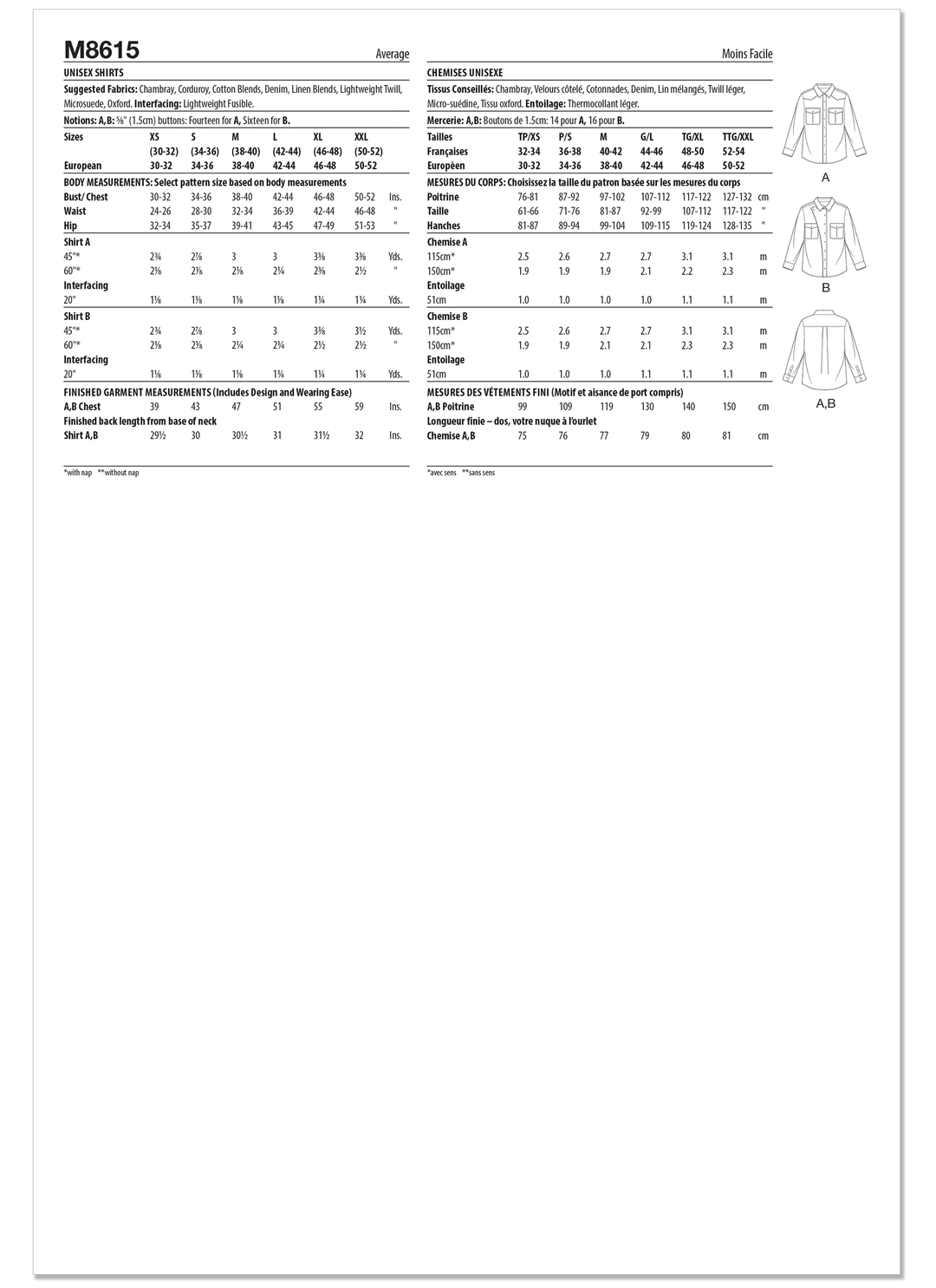 McCall’s Schnittmuster M8615 – Unisex-Hemden mit Knopfleiste, Kragen & Brusttaschen – klassisch & lässig
