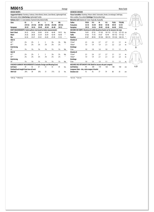 McCall’s Schnittmuster M8615 – Unisex-Hemden mit Knopfleiste, Kragen & Brusttaschen – klassisch & lässig