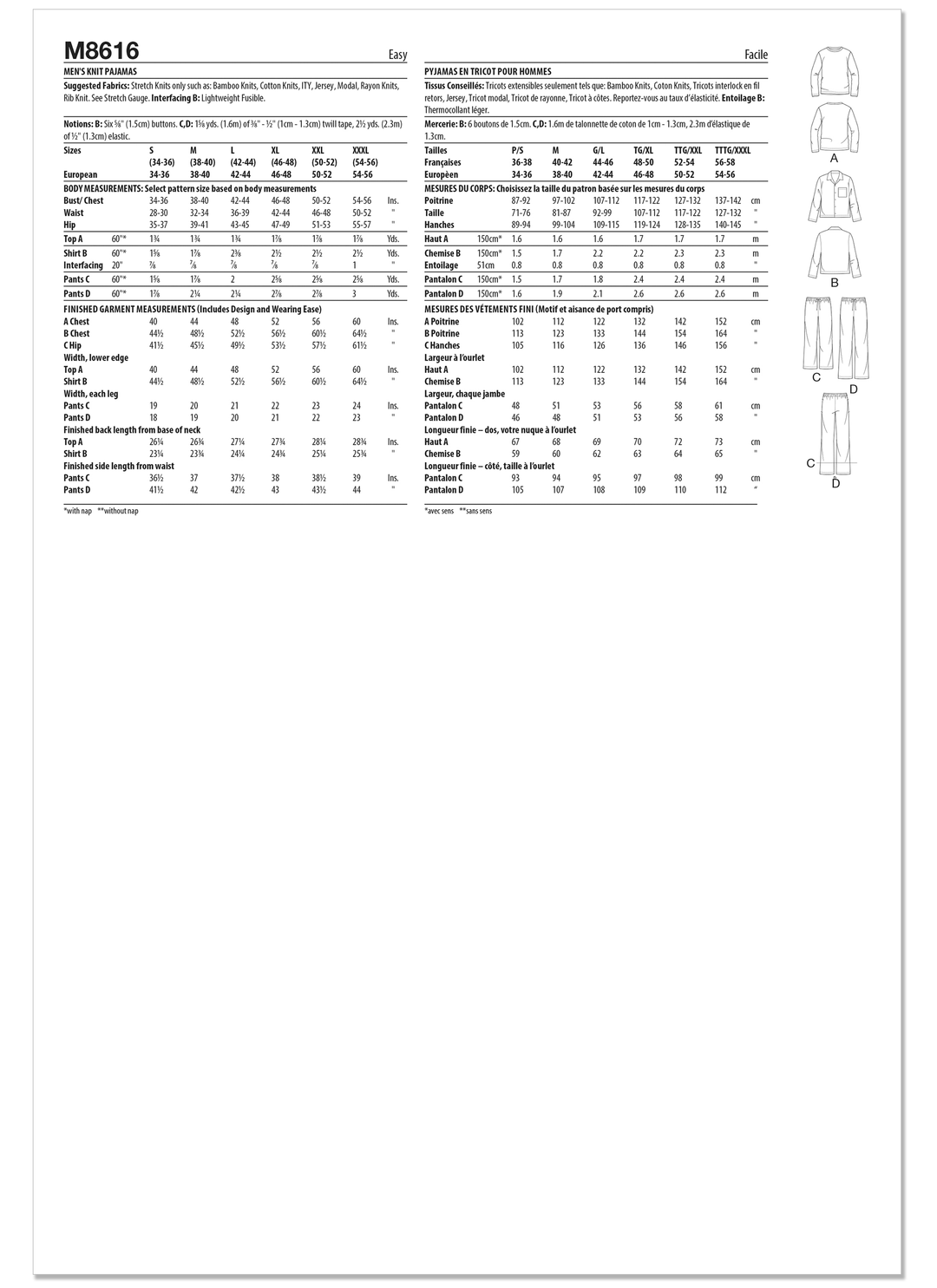 McCall’s Schnittmuster M8616 – Herren-Pyjama mit Hemd, Hemdbluse & Schlupfhose in 2 Längen