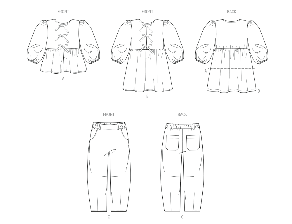 McCall’s Schnittmuster M8618 – Mädchen-Top, Kleid & Hose mit Puffärmeln, Schleifen & Gummizug