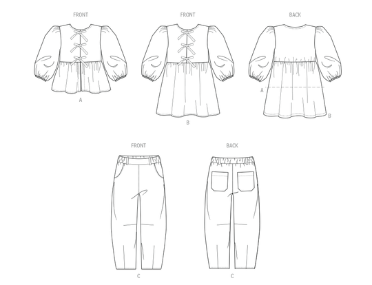 McCall’s Schnittmuster M8618 – Mädchen-Top, Kleid & Hose mit Puffärmeln, Schleifen & Gummizug
