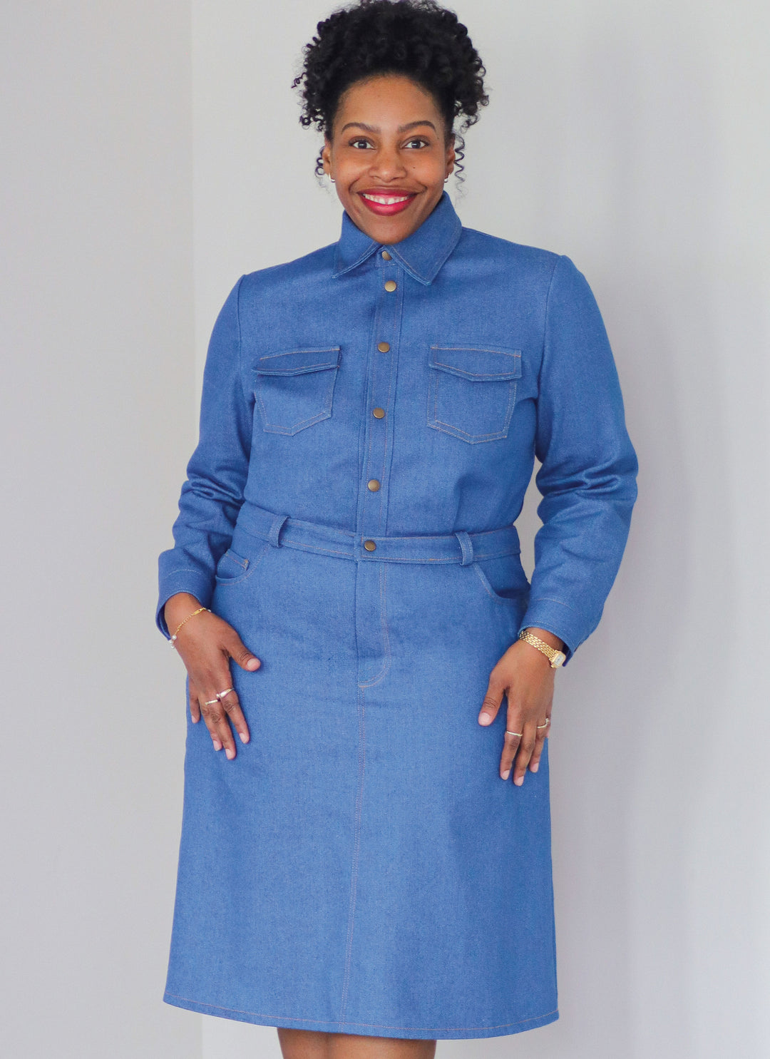 KnowMe sewing pattern ME2133 denim dress for girls and women by Brittany J. Jones