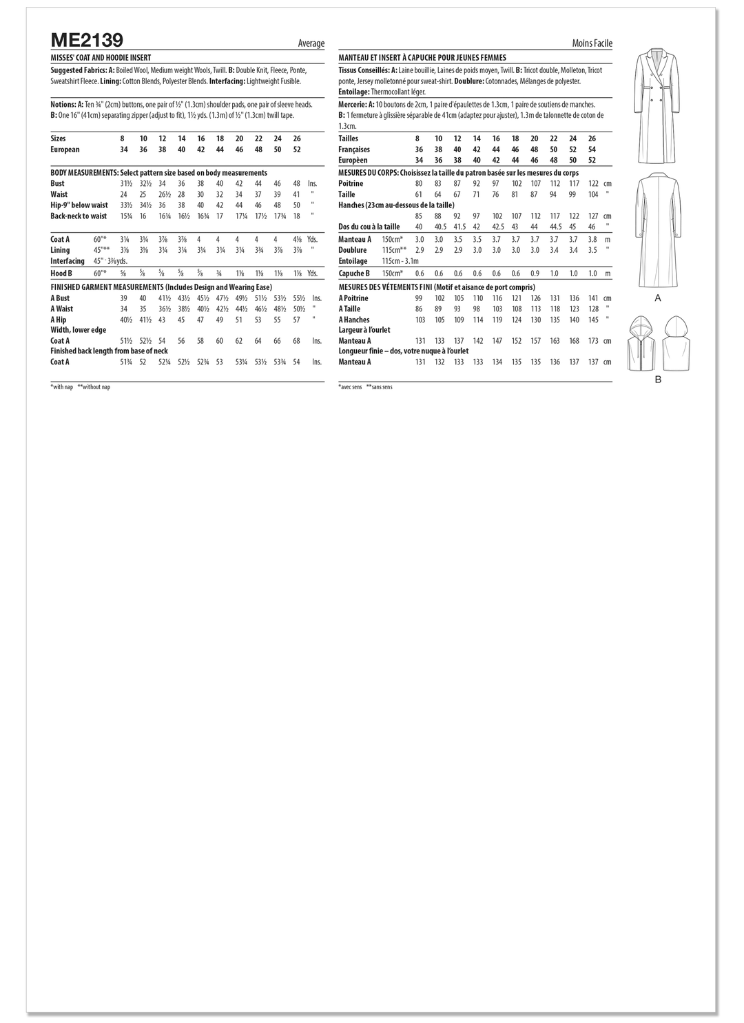 KnowMe Schnittmuster ME2139 Damenmantel und Kapuzen-Einsatz von Stitch Fitz