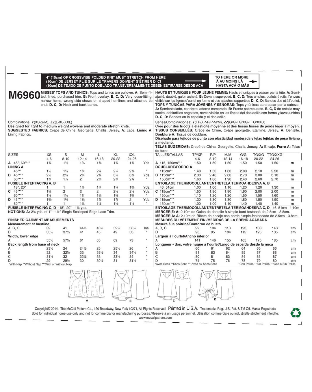 McCall's Schnittmuster M6960 – Damen Oberteile und Tuniken in vier Varianten