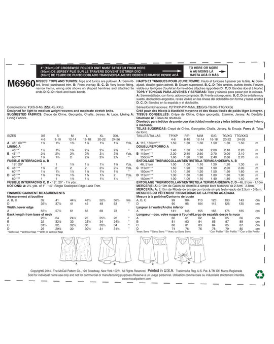 McCall's Schnittmuster M6960 – Damen Oberteile und Tuniken in vier Varianten