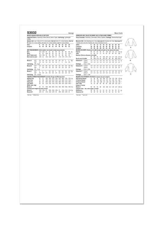 Simplicity Schnittmuster S3032 Blusen mit Cup-Größen A/B, C, D für Damen