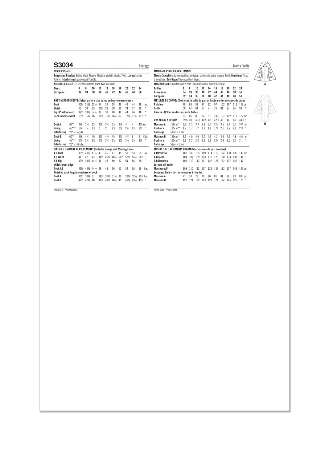 Simplicity Sewing Pattern S3034 - Misses' Coats with Shawl Collar