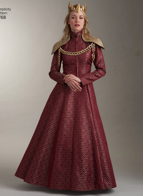 Simplicity Schnittmuster S8768 – mittelalterliche Damenkostüme mit Kleidern, Umhang & Kettenschulterpolstern
