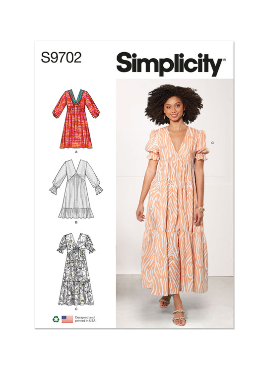 Simplicity Schnittmuster S9702 Damen Midikleider mit V-Ausschnitt