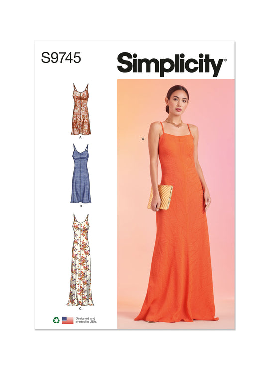 Simplicity Schnittmuster S9745 Damen rückenfreie Slip-Kleider Midi Maxi Mini