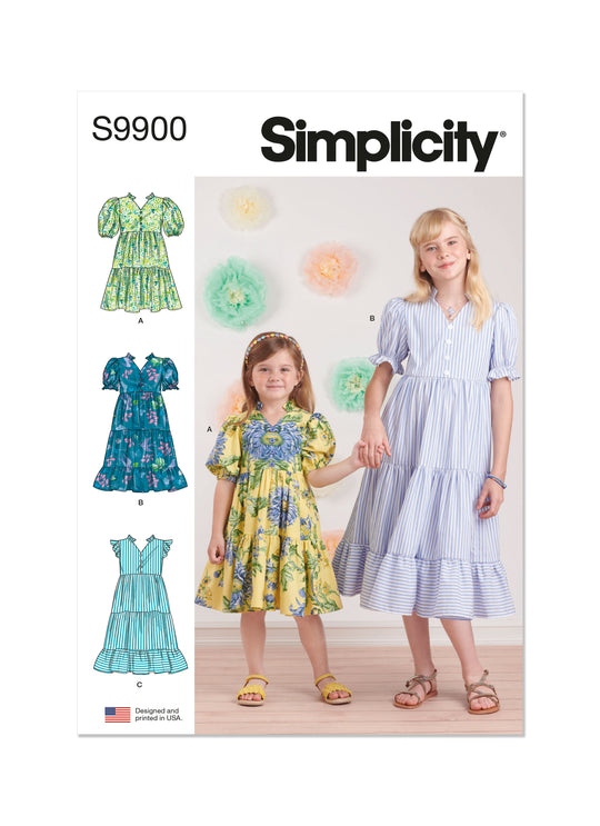 Simplicity Schnittmuster S9900 Mädchen Hemdblusenrüschenkleider mit V-Ausschnitt