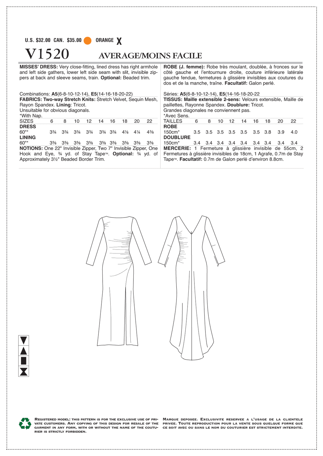 Vogue Schnittmuster V1520 Damen anliegendes, gefüttertes Abendkleid von Badgley Mischka