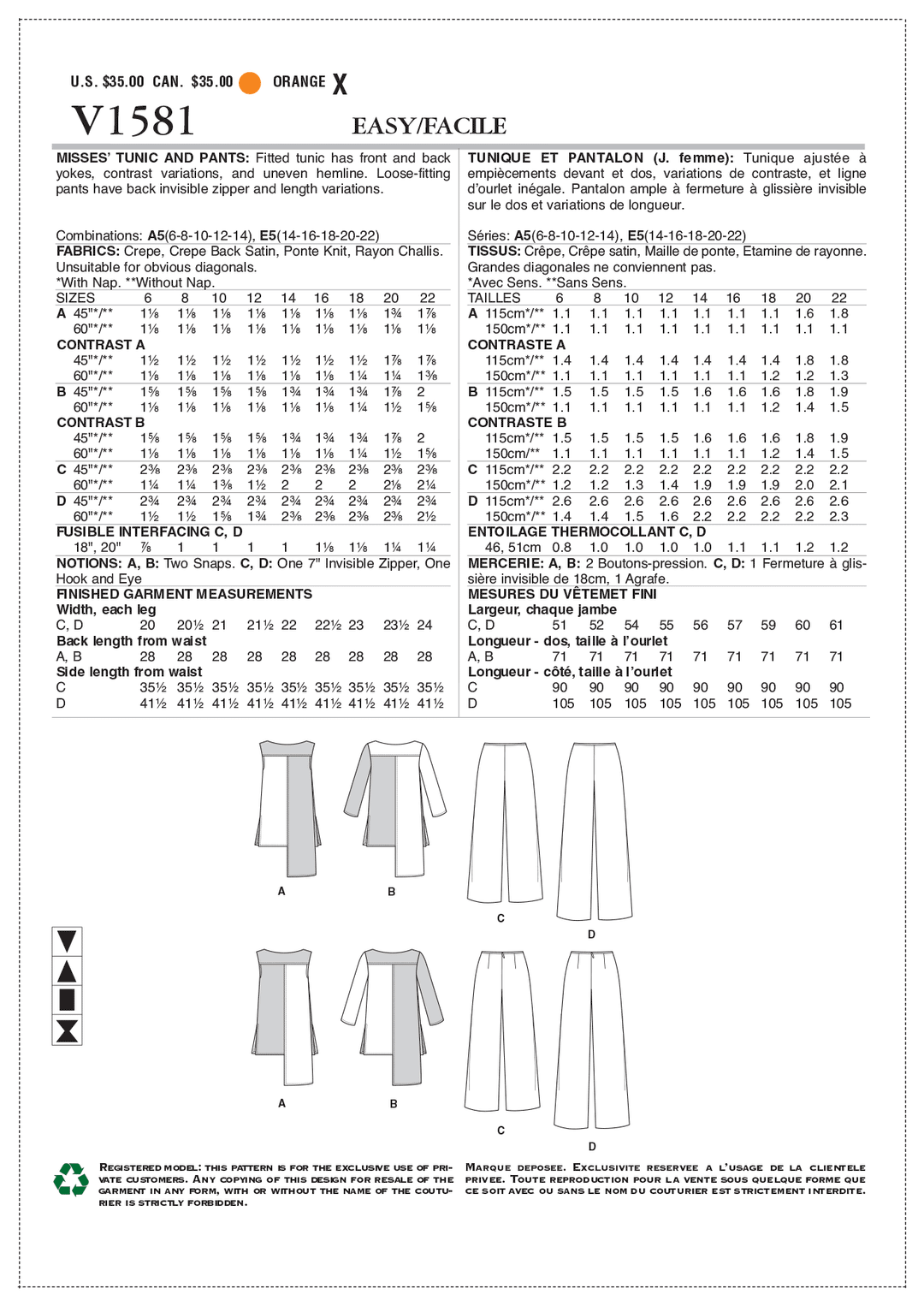 Vogue Schnittmuster V1581 – Damen Hosenanzug von Tom and Linda Platt