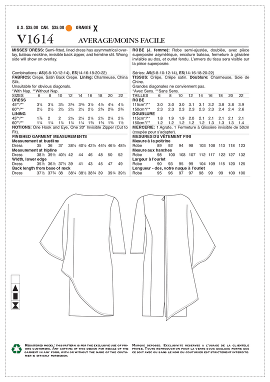Vogue Schnittmuster V1614 – Damen Kleid in Wickeloptik von Tom and Linda Platt
