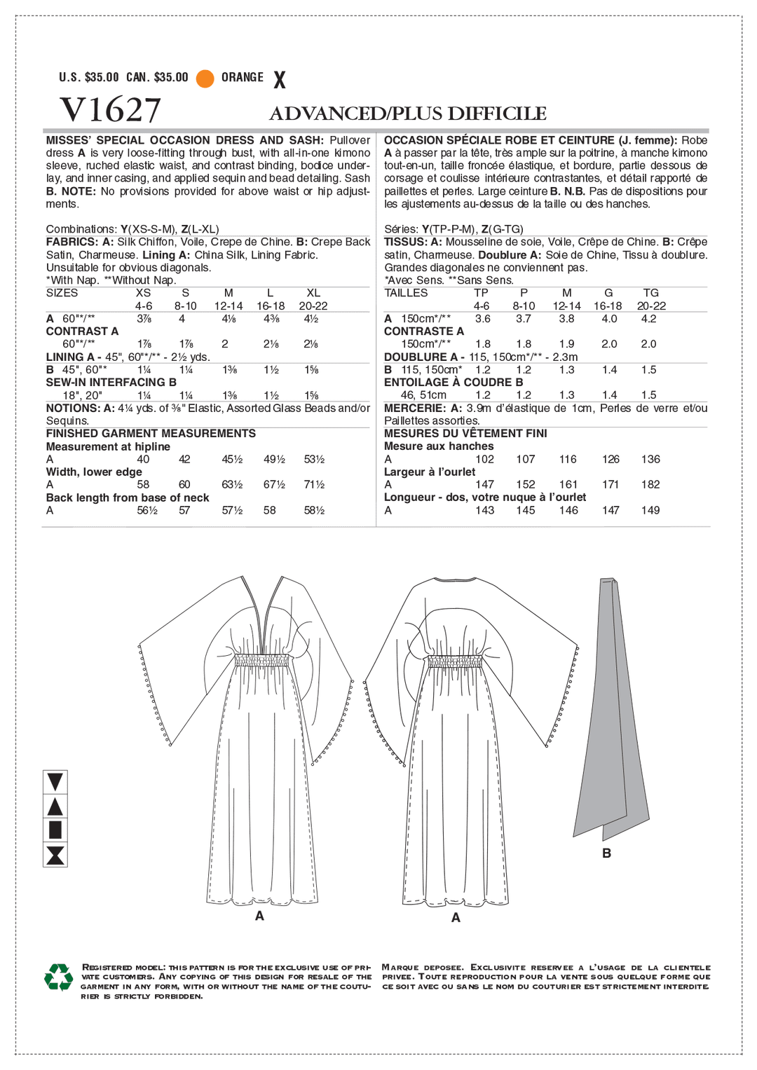 Vogue Schnittmuster V1627 Damenkleid im Kimono-Stil von Zandra Rhodes