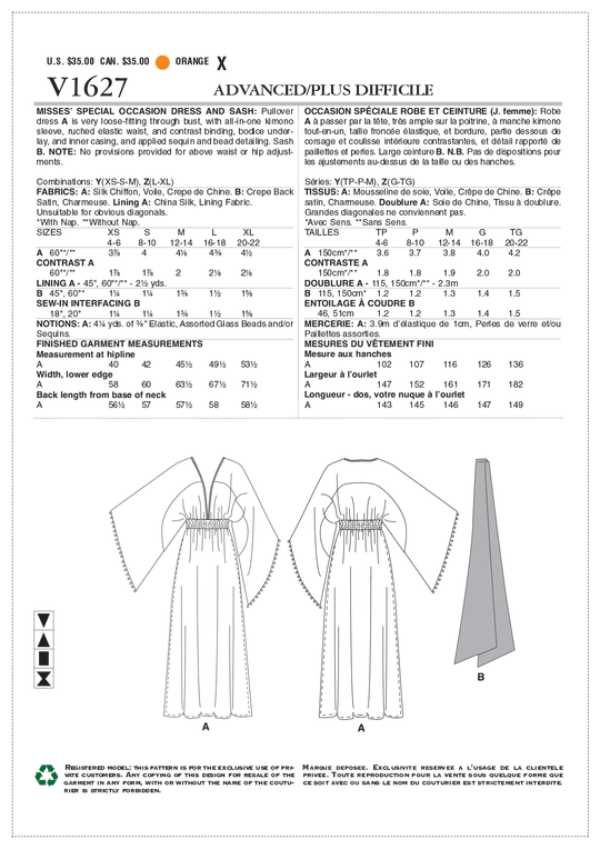 Vogue Schnittmuster V1627 Damenkleid im Kimono-Stil von Zandra Rhodes