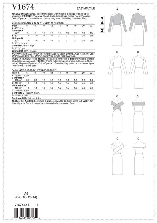 Vogue Schnittmuster V1674 – Damen Kleid mit One-Shoulder oder Wickeloptik