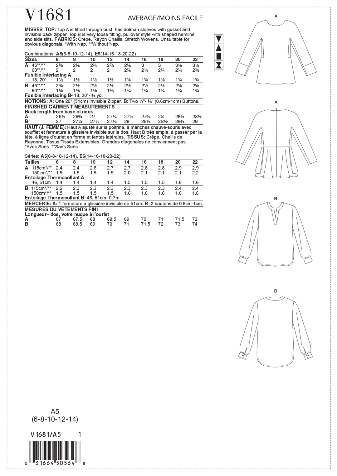 Vogue Schnittmuster V1681 – Damen Basic Top von Anne Klein