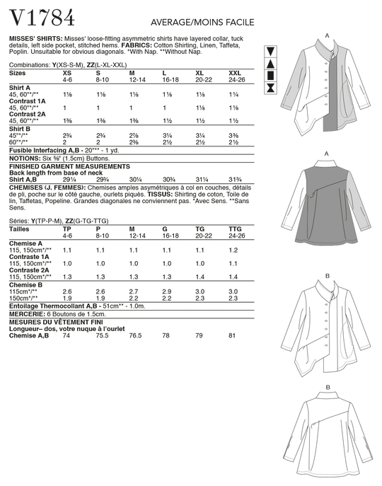 Vogue Schnittmuster V1784 – Damen Shirts von Marcy Tilton