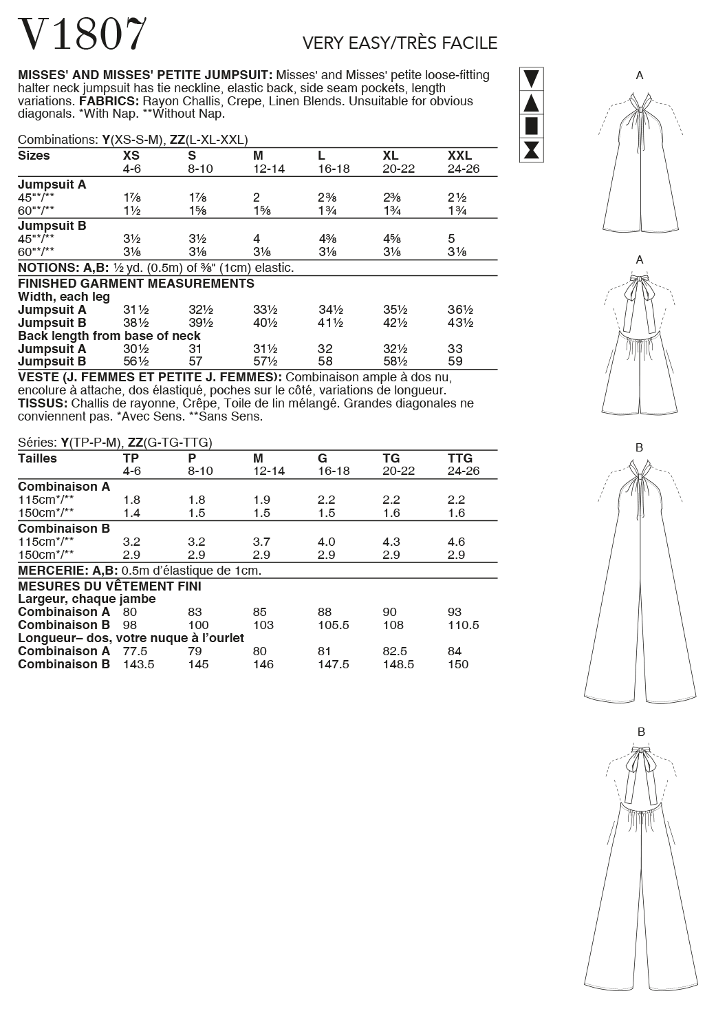Vogue Schnittmuster V1807 Schickes Damen-Jumpsuit in 2 Längenvariationen
