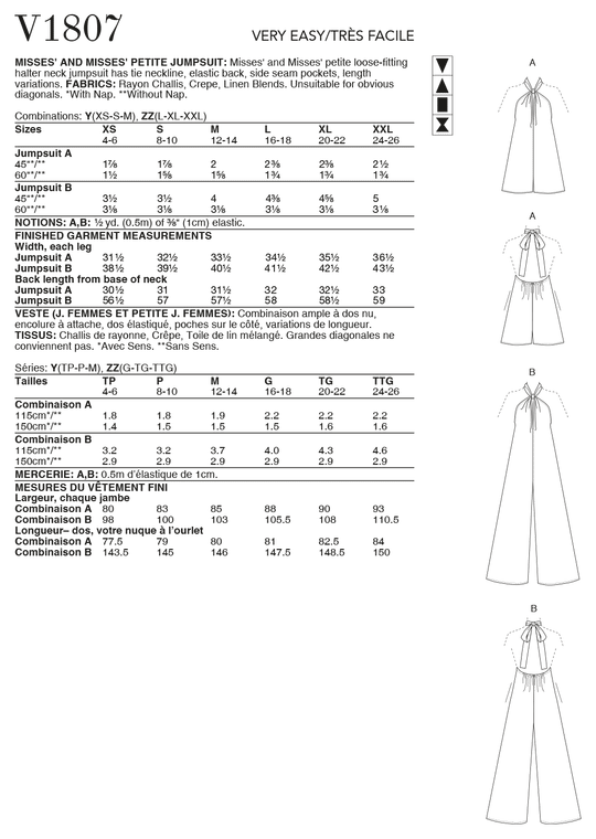 Vogue Schnittmuster V1807 Schickes Damen-Jumpsuit in 2 Längenvariationen