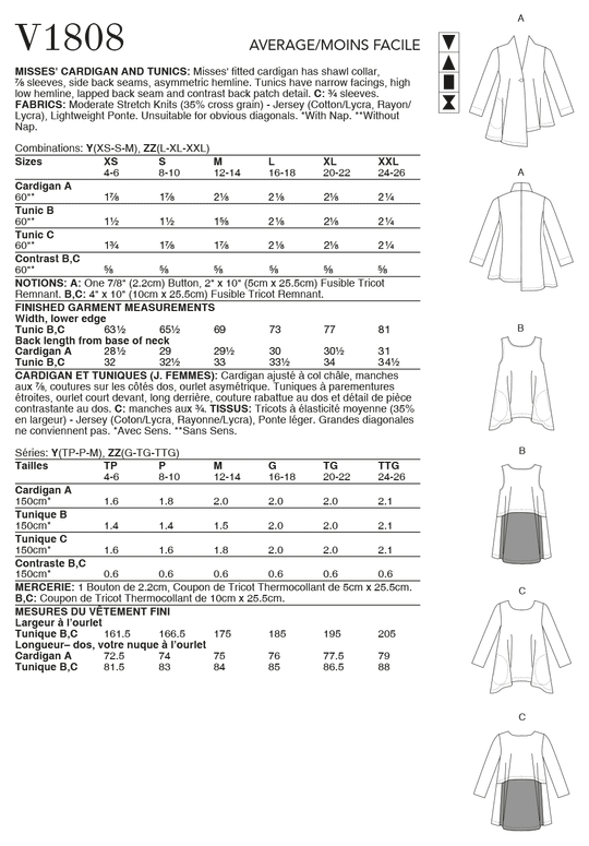 Vogue Schnittmuster V1808 Damen Cardigan & Tunika von Marcy Tilton