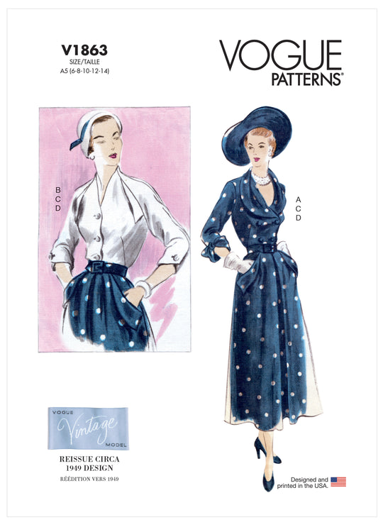 Vogue Schnittmuster V1863 Damen Bluse, Rock und Gürtel von ca. 1949
