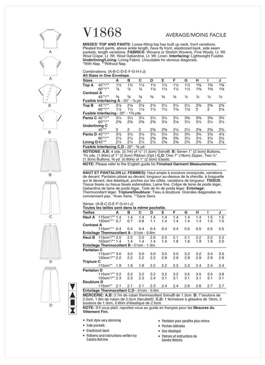 Vogue Schnittmuster V1868 Damen Jacke und Hose von Sandra Betzina