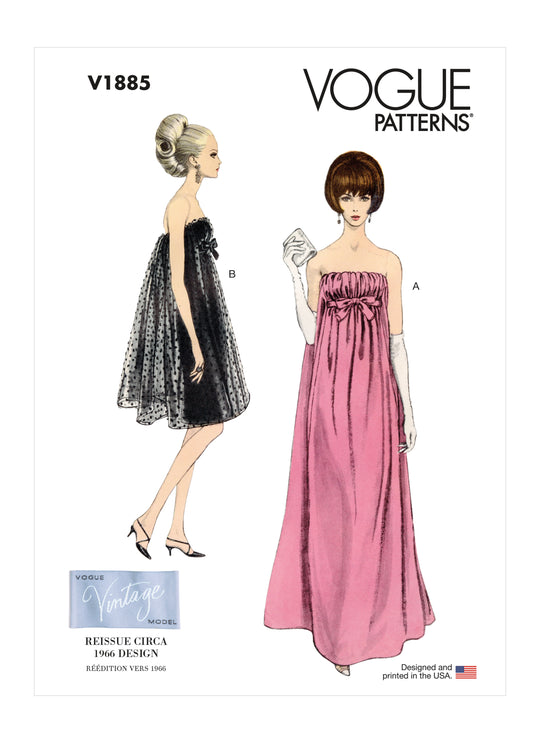 Vogue Schnittmuster V1885 Elegantes, trägerlose Kleid in 2 Längenvariationen - ca. 1966
