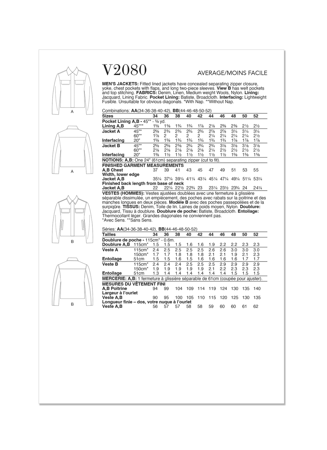 Vogue Schnittmuster V2080 Herren Jacke